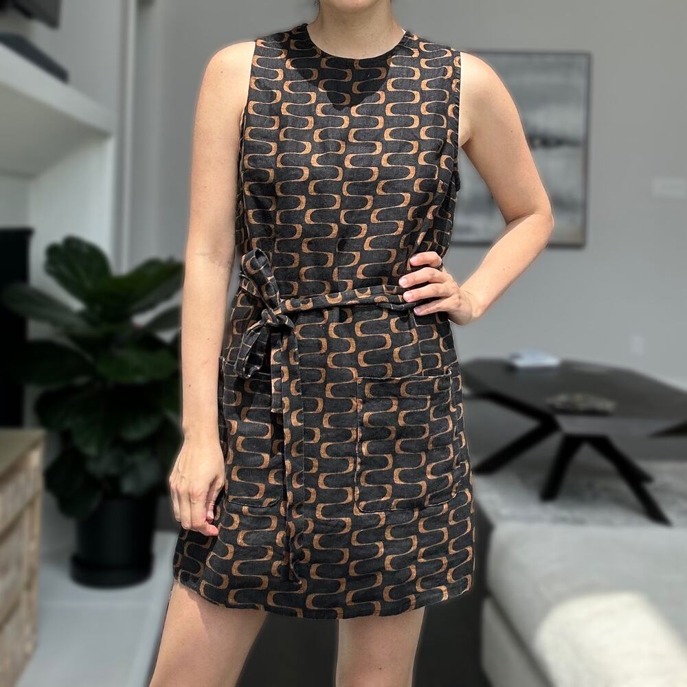 Reformation Sommer Linen Dress Brown Linguini Pattern Belt & Pockets